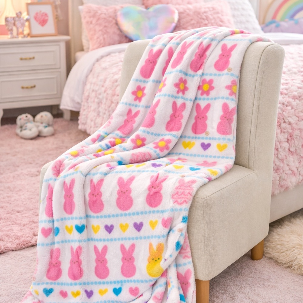 ON HOLD PEEPS Cozy Pink Bunny and Flower Throw Blanket 60” x 70”